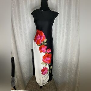 Premier Black and White Maxi Dress with Pink & Red Floral Accent Size 2